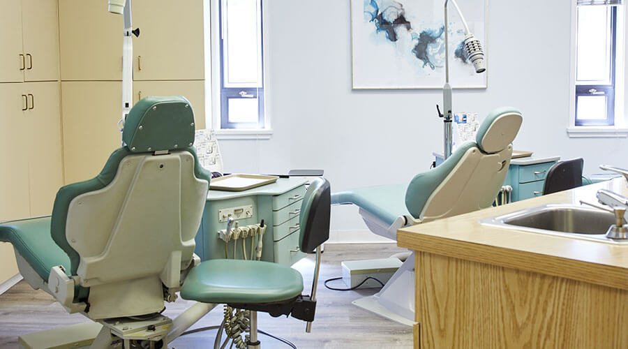 dental chairs in an bright dentist's office